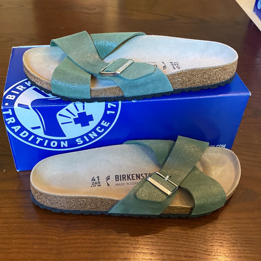 Birkenstock Cross-Strap Sandals in Teal Green